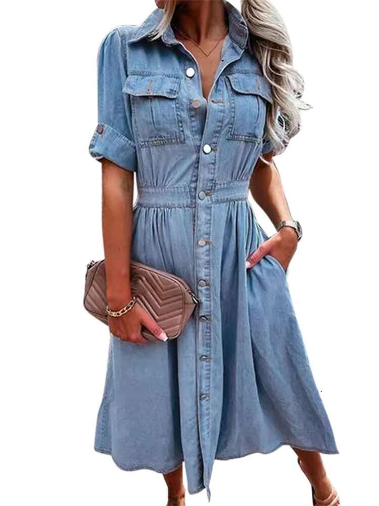 Denim Solid Women Dresses Short Sleeve Single Breasted Lady Maxi Dress Fashion Elegant Spring Lapel Female Vestidos