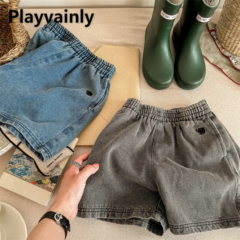 Summer Kids Boys and Girls Denim Shorts BlueBlack Grey Elastic Waist Wide Leg Short Jeans Fashion Children Trousers A5281 250303
