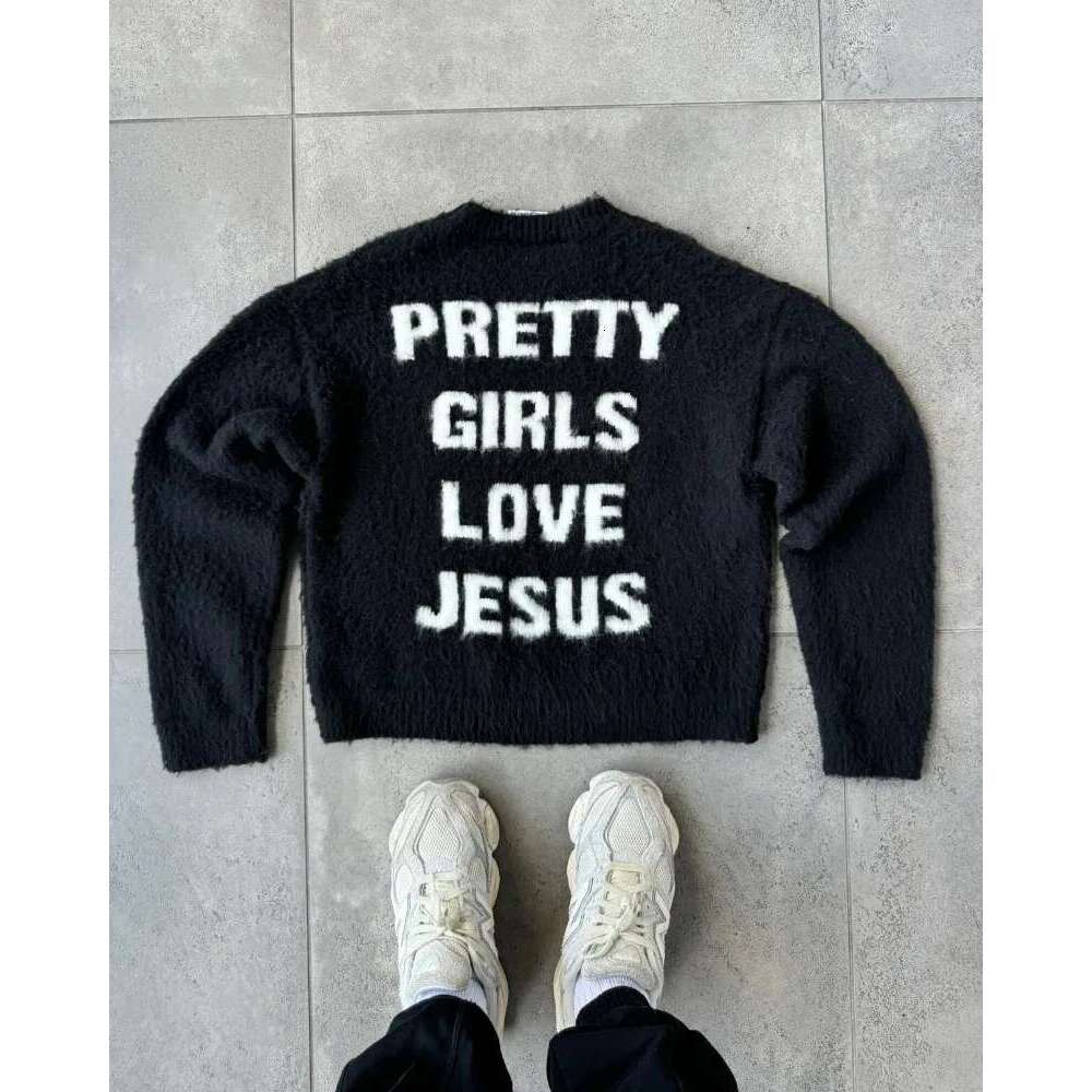 2025 American High Street Couple Sweater Men And Women Winter Loose Letter Design Crew-Neck Knitwear Street Trend Retro Pullover