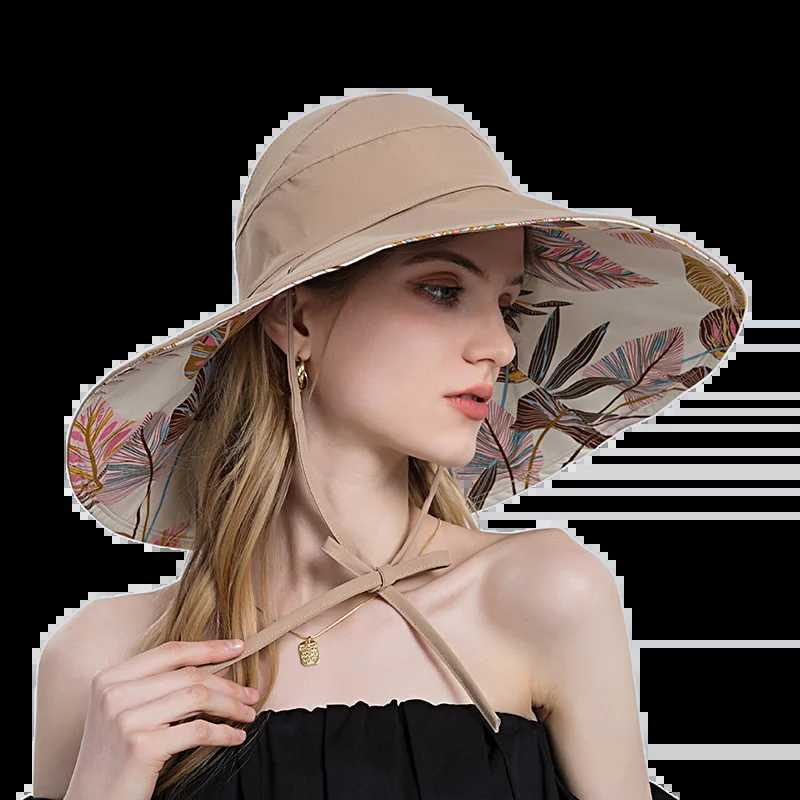 Womens cotton wide Brim sun hat with metal wire edge for summer UV protection UPF Bohemian hat beach hiking garden trip Chin StrXJ250304