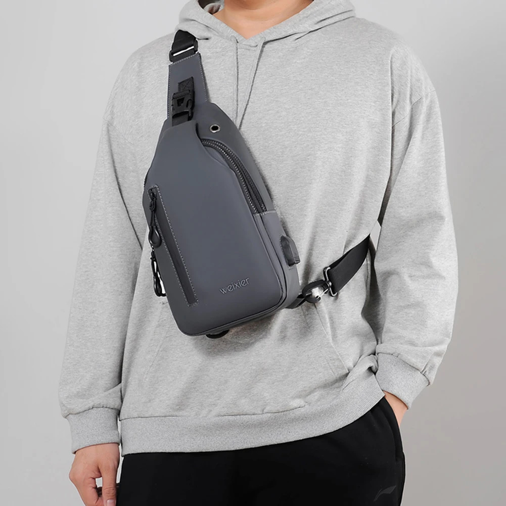 Men Chest Pack Waterproof Oxford Male Bag USB Charging Port Cell Phone Purse Zipper Pocket Headphone Hole for Sport Travel 250227