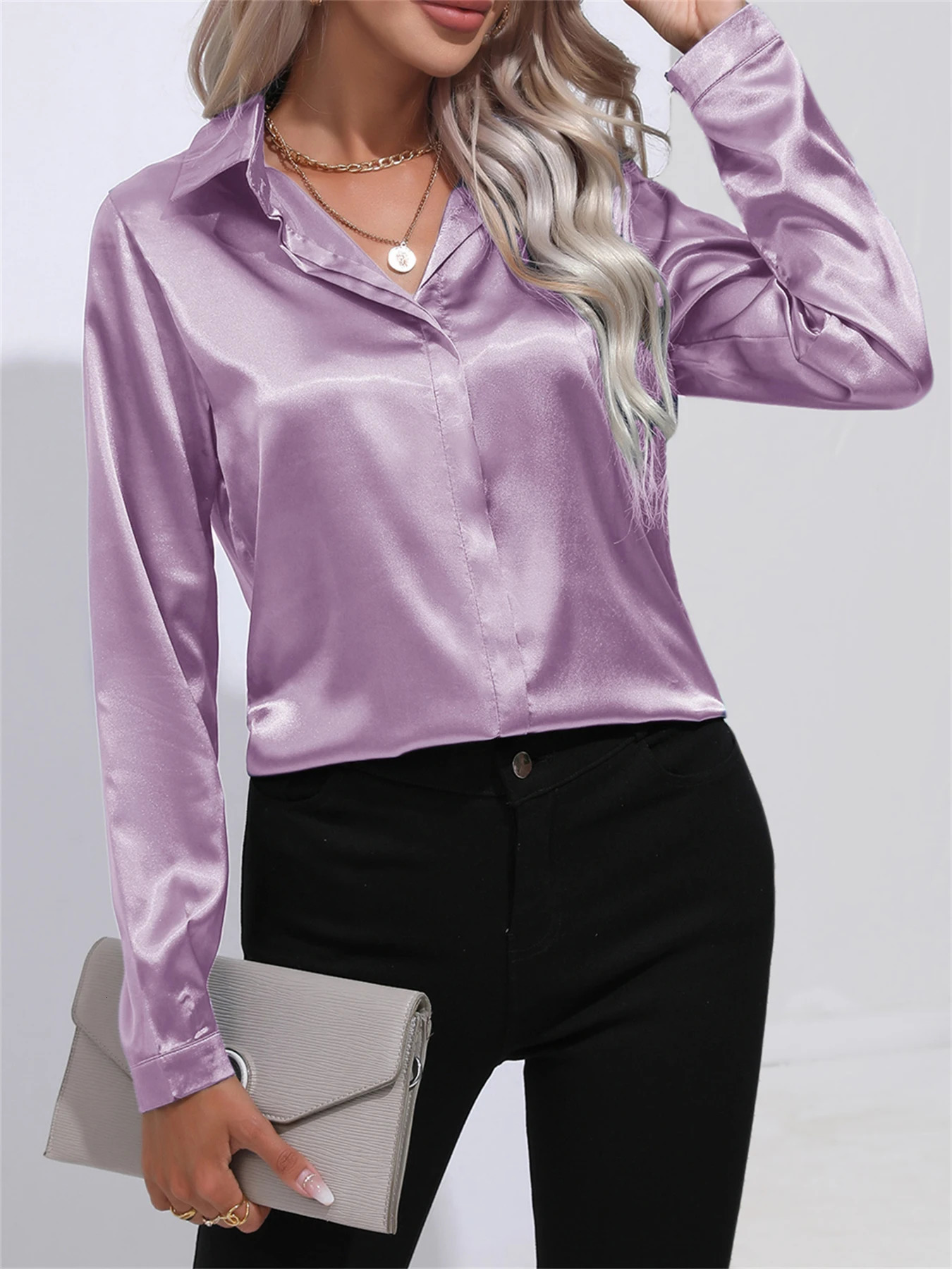 Elegant Turn-Down Collar One Button Satin Long Sleeve Shirt For Women Office Blouse 250303
