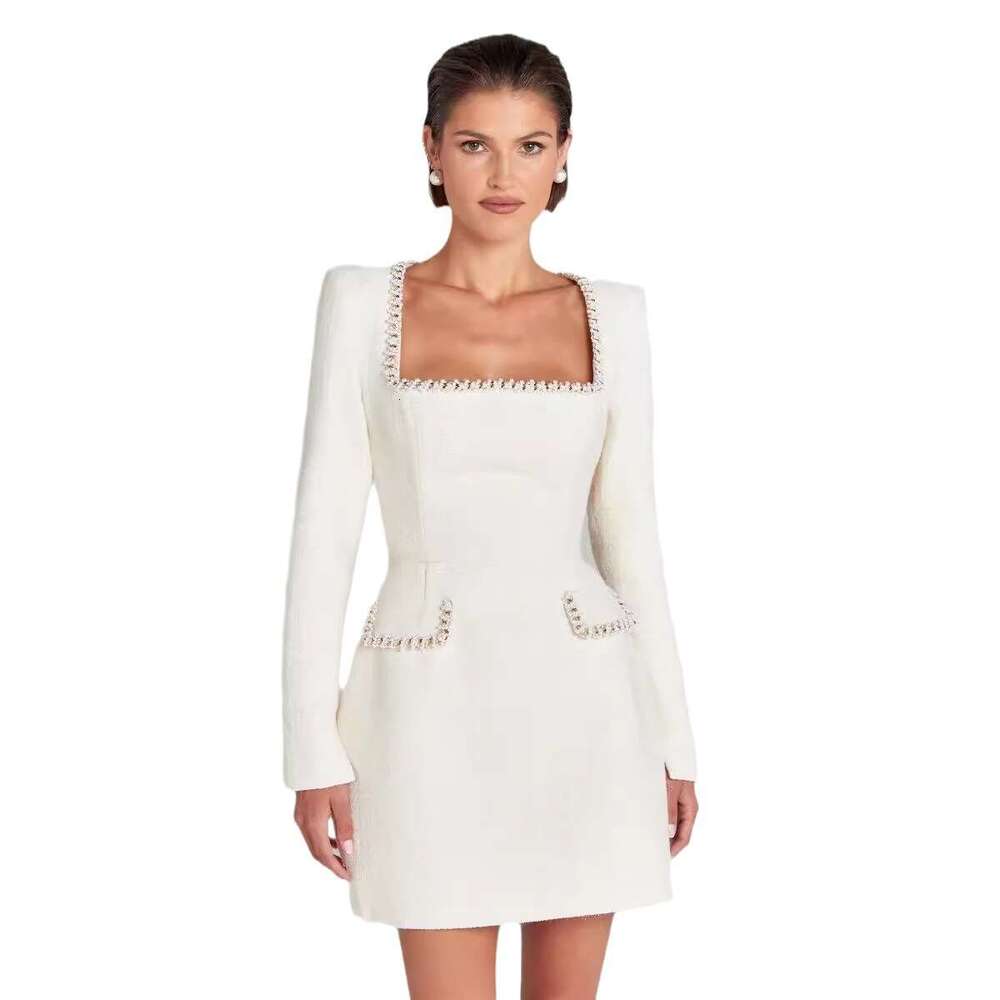 European American slim fit slimming U-neck long sleeved nail bead small fragrant dress for women, 2025 new style chic and elegant clothing
