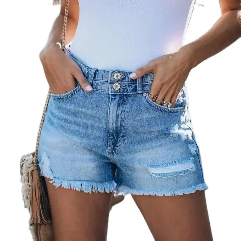 Women High Waist Double Button Splice Tassel Denim Shorts Female Fashion Broken Holes Casual Three Quarter Pants Streetwear 250303