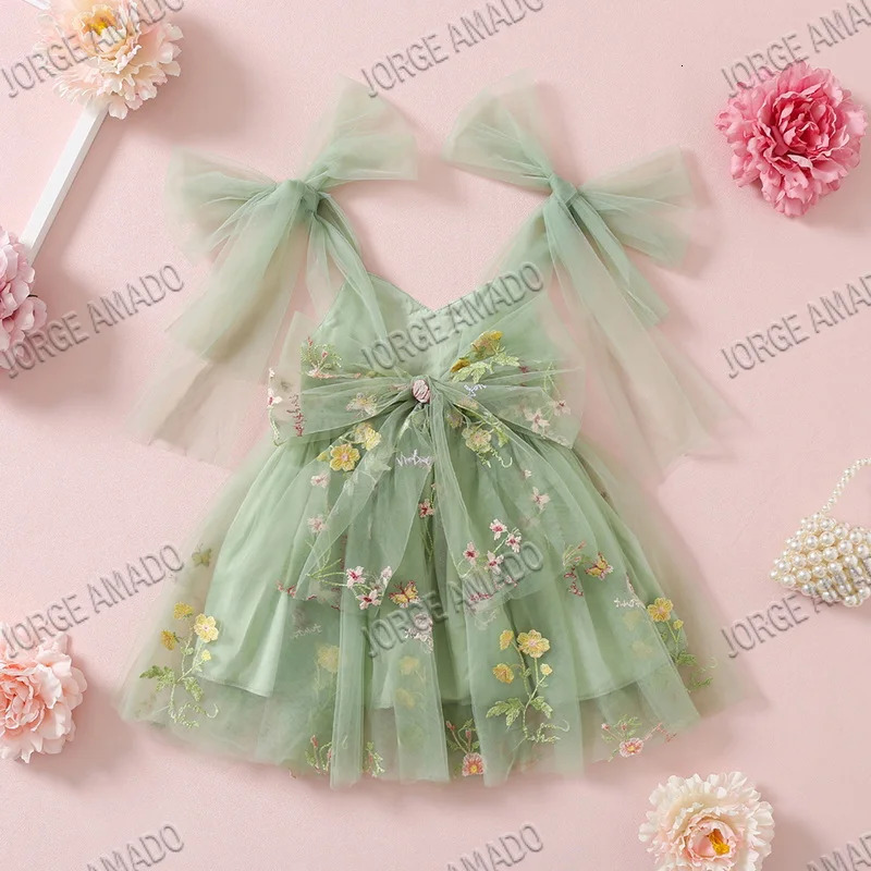 Easter Kids Dress Girl Summer Floral Bow Sleeveless Dance Performance Girls Clothes E1236 250303