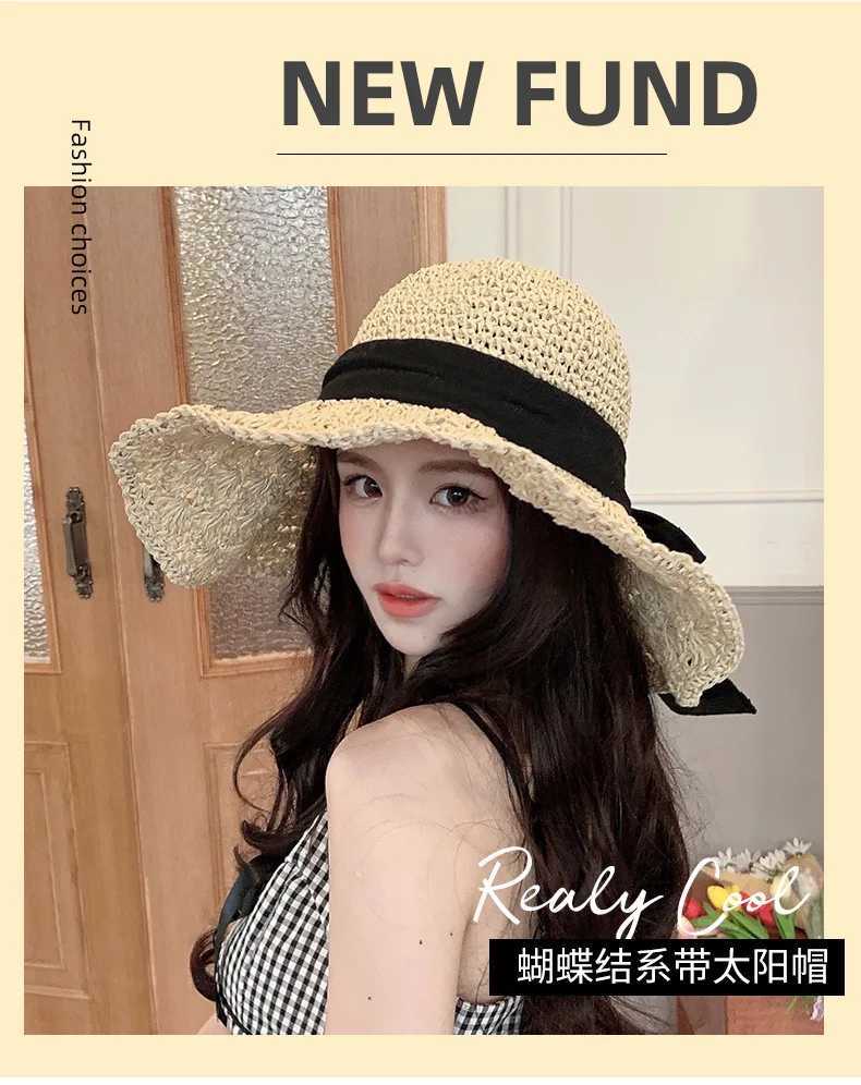 New Summer Str c Womens Lace up Big brim Beach Foldable Holiday Cool Sun Protection and Sunshade HatXJ250304