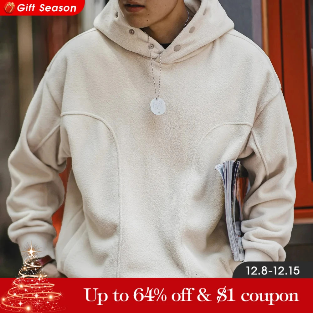 Maden Casual Doublesided Polar Fleece Hooded Sweatshirt with Button Thickened Warm Pullover for Mens Autumn and Winter Hoodie 250304
