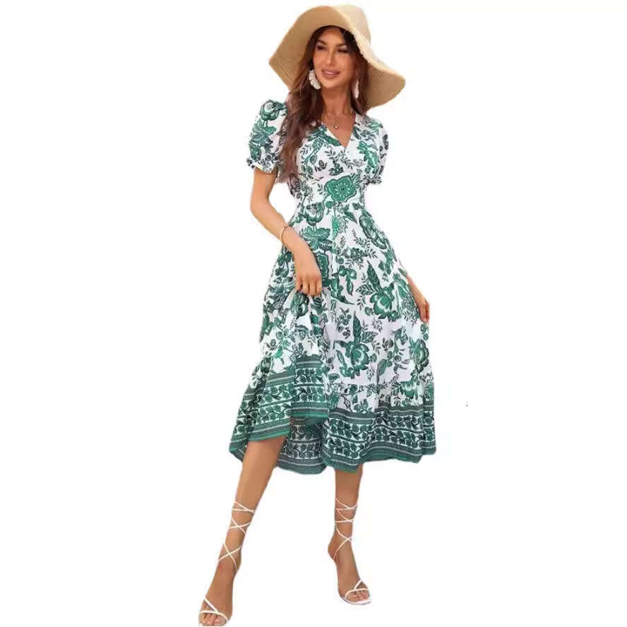 Real time shooting of European American summer full page printed puff sleeve super collar dress, 2025 new style, chic and elegant clothing