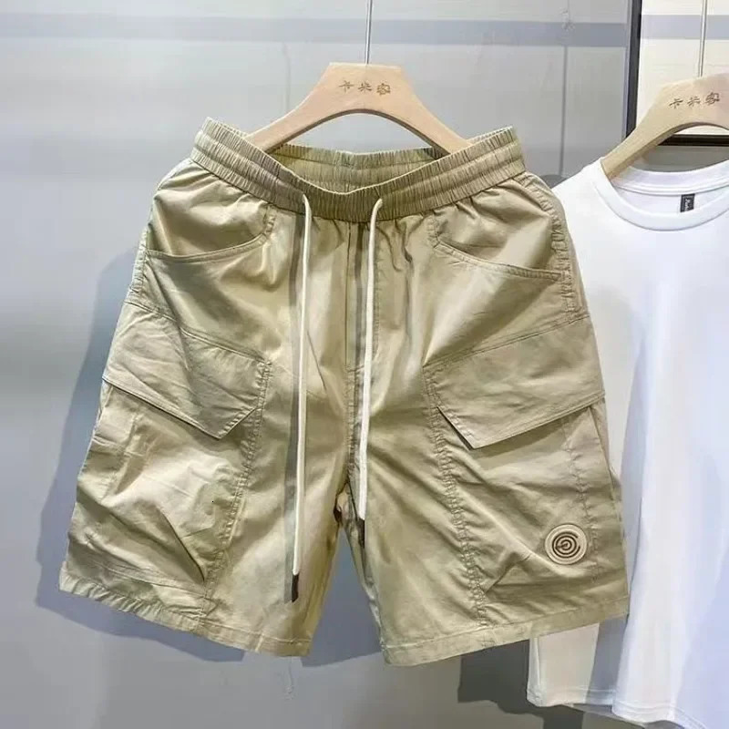 Mens Cargo Shorts with Pockets Khaki Male Short Pants Draw String Embroidery Strech Comfortable Homme in Casual Hevy Whate 250303