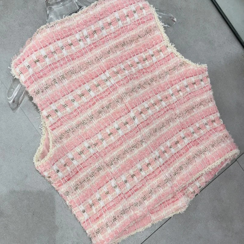 French Small Fragrant Summer Tweed Tank Tops Womens Clothing Pink Tassel Vest Coat Female Outwear 250303