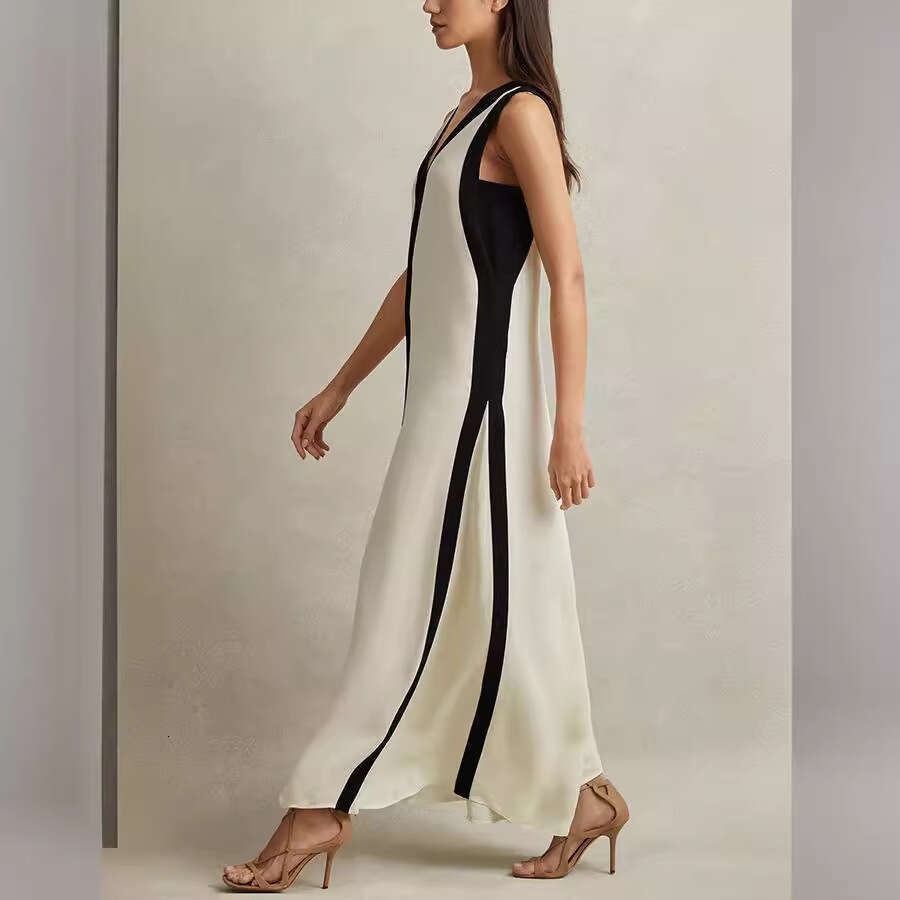 European and American sexy double-sided V-neck contrasting dress 2025 new casual versatile fashion clothing