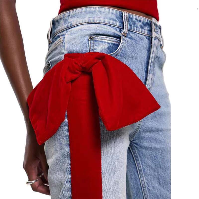 Fashion Contrast Color Bow Jeans Women's High Waist Versatile Slim Straight Casual Denim Pants Tide New