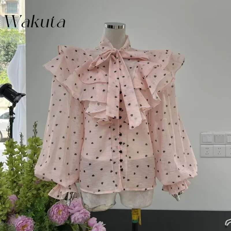 WAKUTA French Spring Ruffled Bow Heart-Shaped Printed Shirt Fashion High Waisted Short Skirt 2-Piece Set Female Clothing