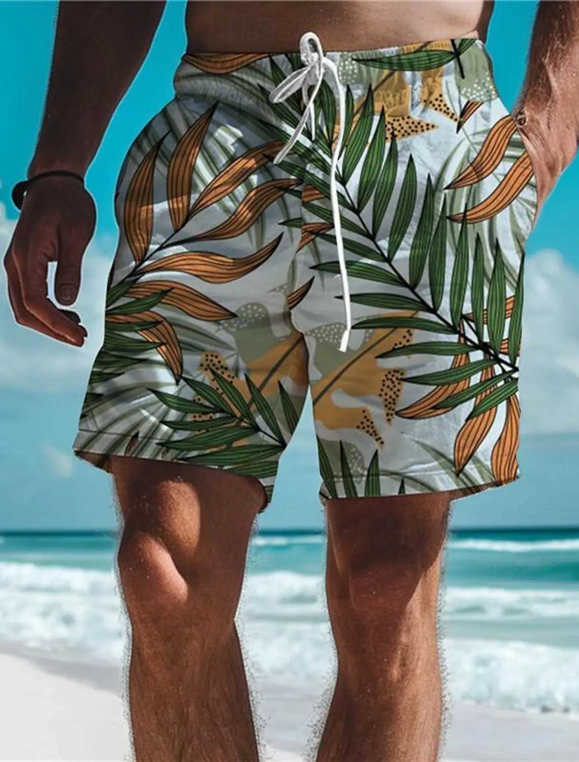 Leaf Tropical Mens Board Shorts Hawaiian Short 3D Printed Swim Trunks Elastic Drawstring Breathable Stretch Short Aloha StyleT250304