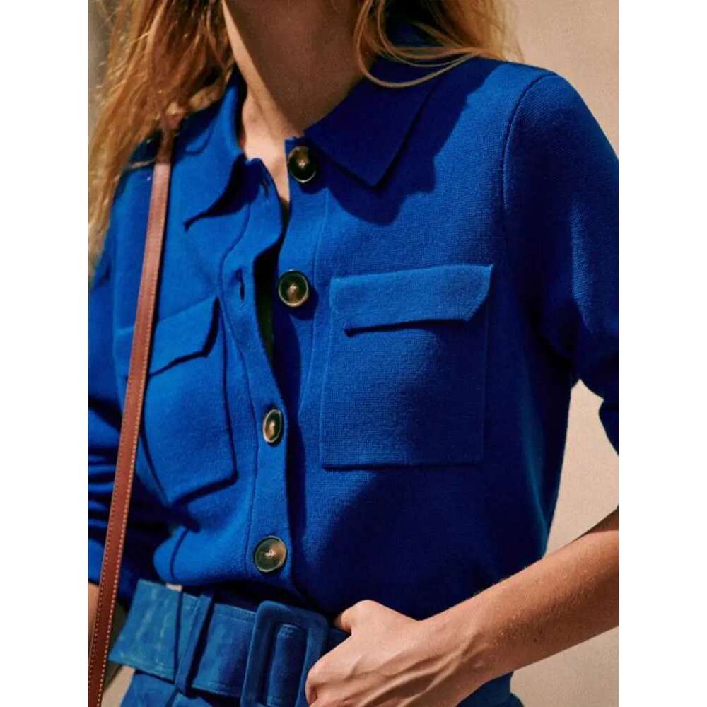 Autumn Women's Turn-Down Collar Sweater Long Sleeve Safari Style Ladies Simple Knit Cardigan With Double Pockets Knitwear