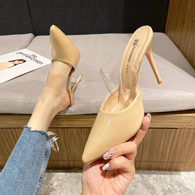 High Heel Pointed Toe High Heels Muller Slippers Women Summer Woman Fashion Metal Decoration Shallow Party Female Shoes