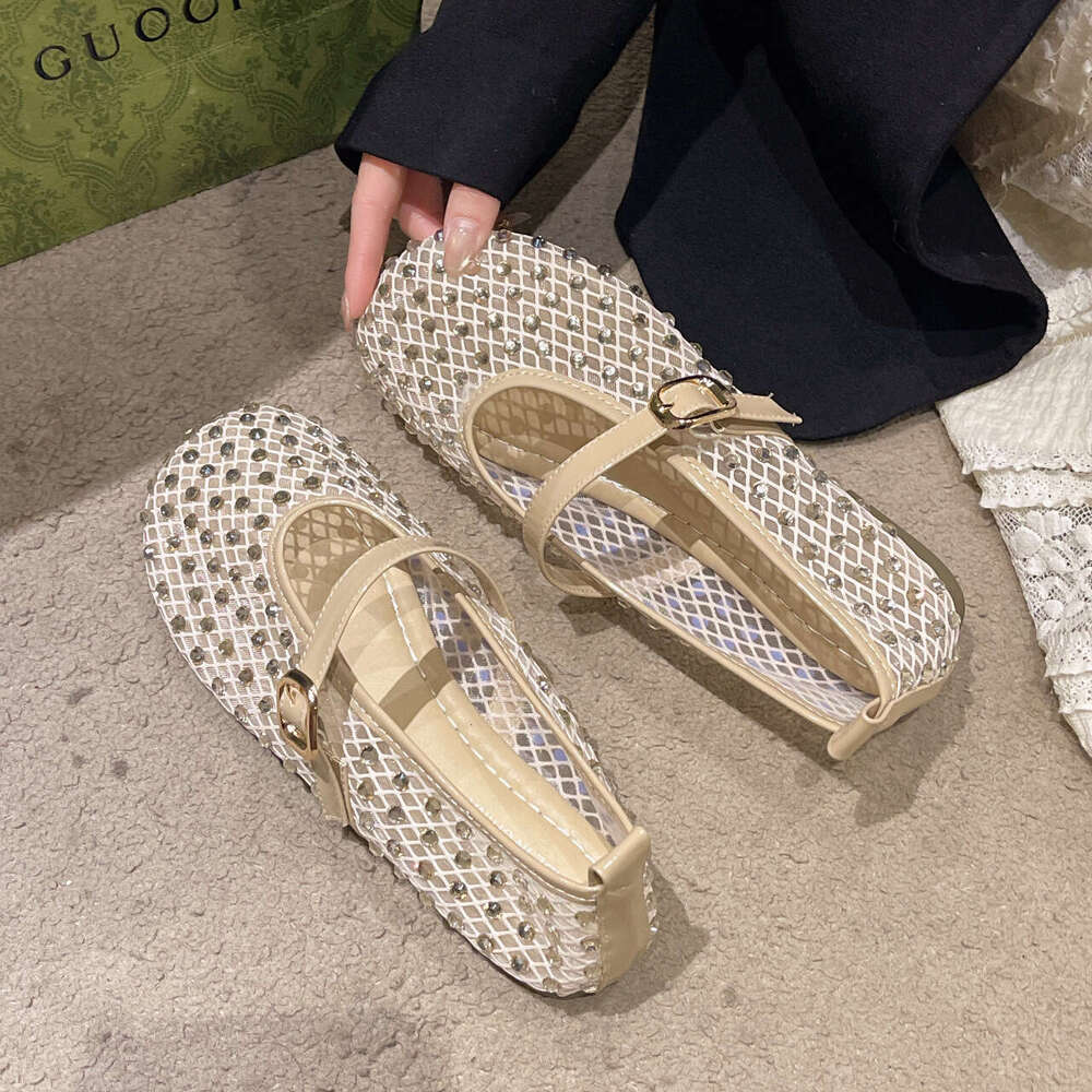 Mesh hollowed out Mary Jane women's for spring and summer 2025, new single buckle with breathable soft sole ballet shoes, flat shoes