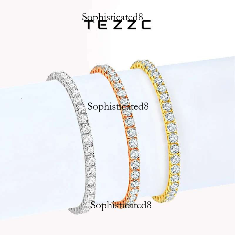 Tezzc 2mm 3mm 4mm 5mm Moissanite Tennis Bracelet Sterg Sier with White Yellow Rose Gold Plated Bracelets for Women Man
