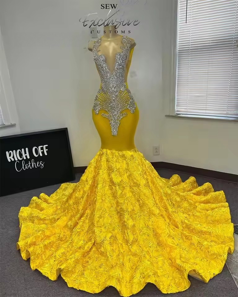 Yellow Roses Mermaid African Prom Dresses for Black Girls Sier Crystal Beaded Birthday Slay Queen Gown vestidos Customized