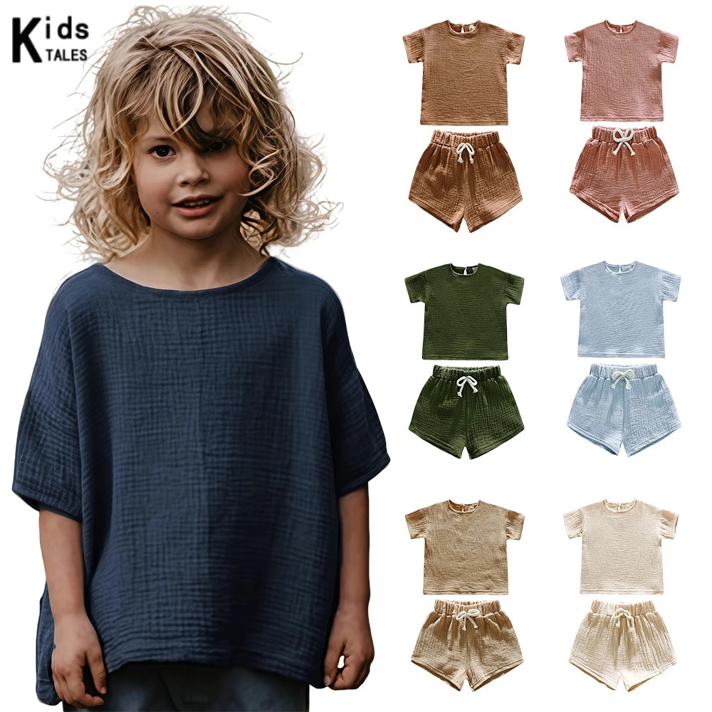 Summer Kids Unisex Clothes Sets Toddler Baby Boy Girl Clothing Pure Cotton Top T-ShirtShorts 2 Pcs Children Outfits Suit 250304