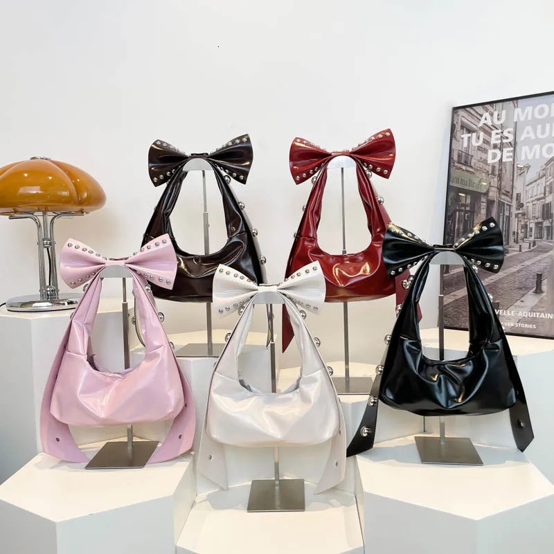LEFTSIDE Bow Cute Rivets Small PU Leather Shoulder Bags for Women Y2K Fashion Underarm Bag Female Handbags 250228