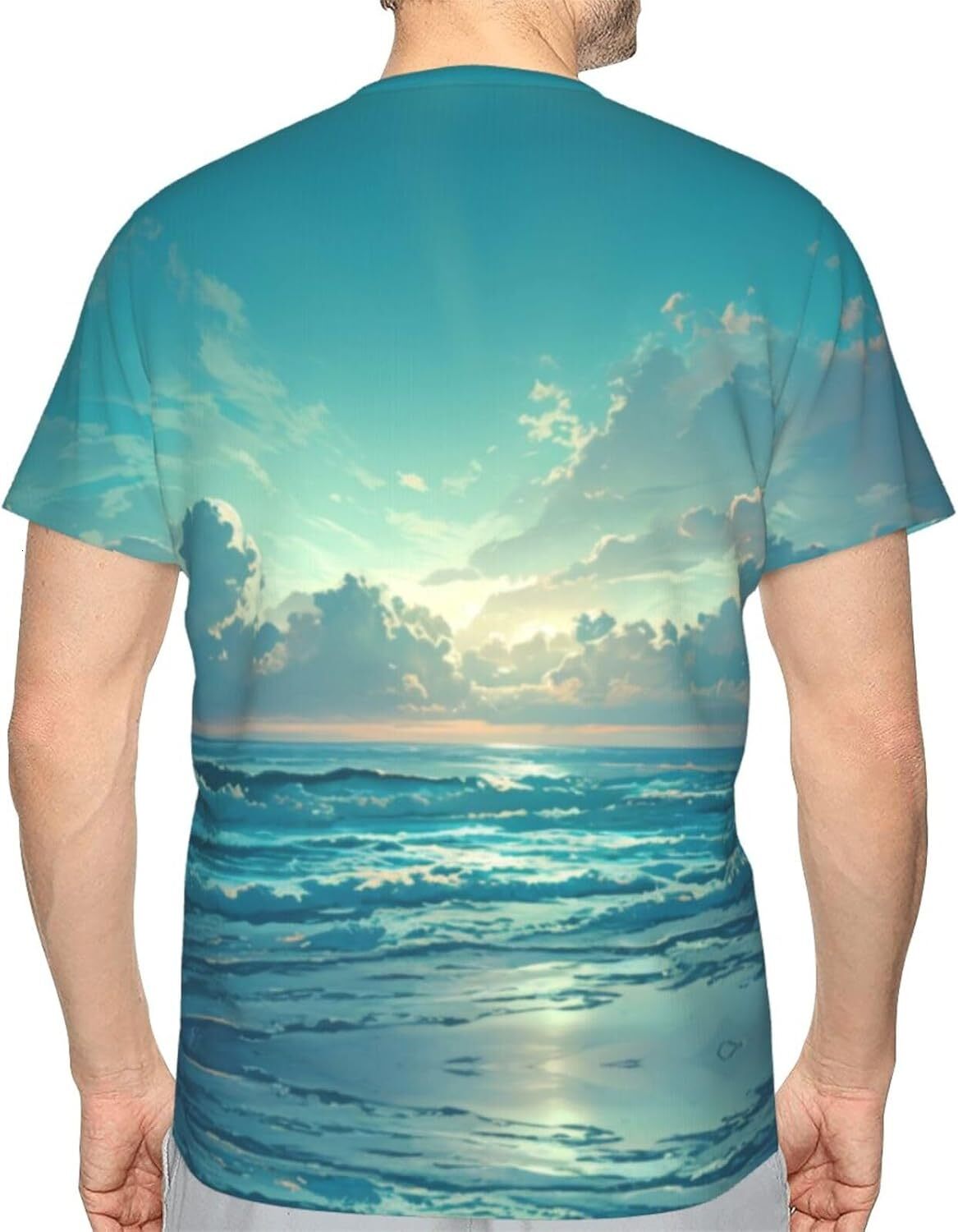 Mens T shirt Green Scenery 3D Graphic T-Shirt for Men and Women - Ocean Sky Trendy Casual Soft Comfort Crew Neck Tee tee Casual tops summer clothes