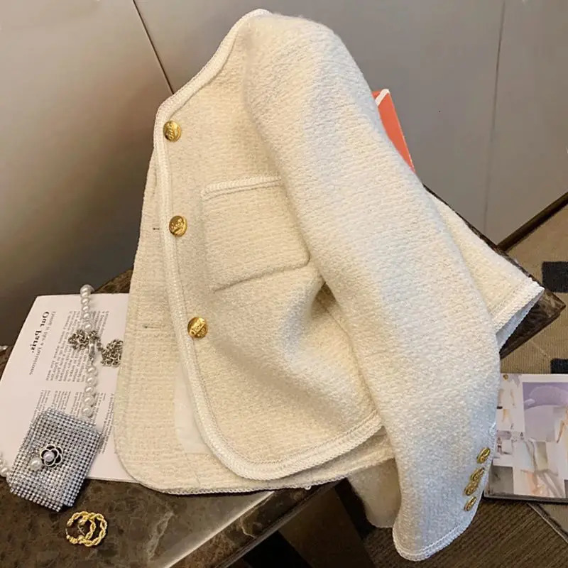 Autumn Winter Small Fragrant Tweed Jacket Coat Women Vintage Woolen Short Coats Streetwear Elegant Casual Slim Outwear Crop Top 250225