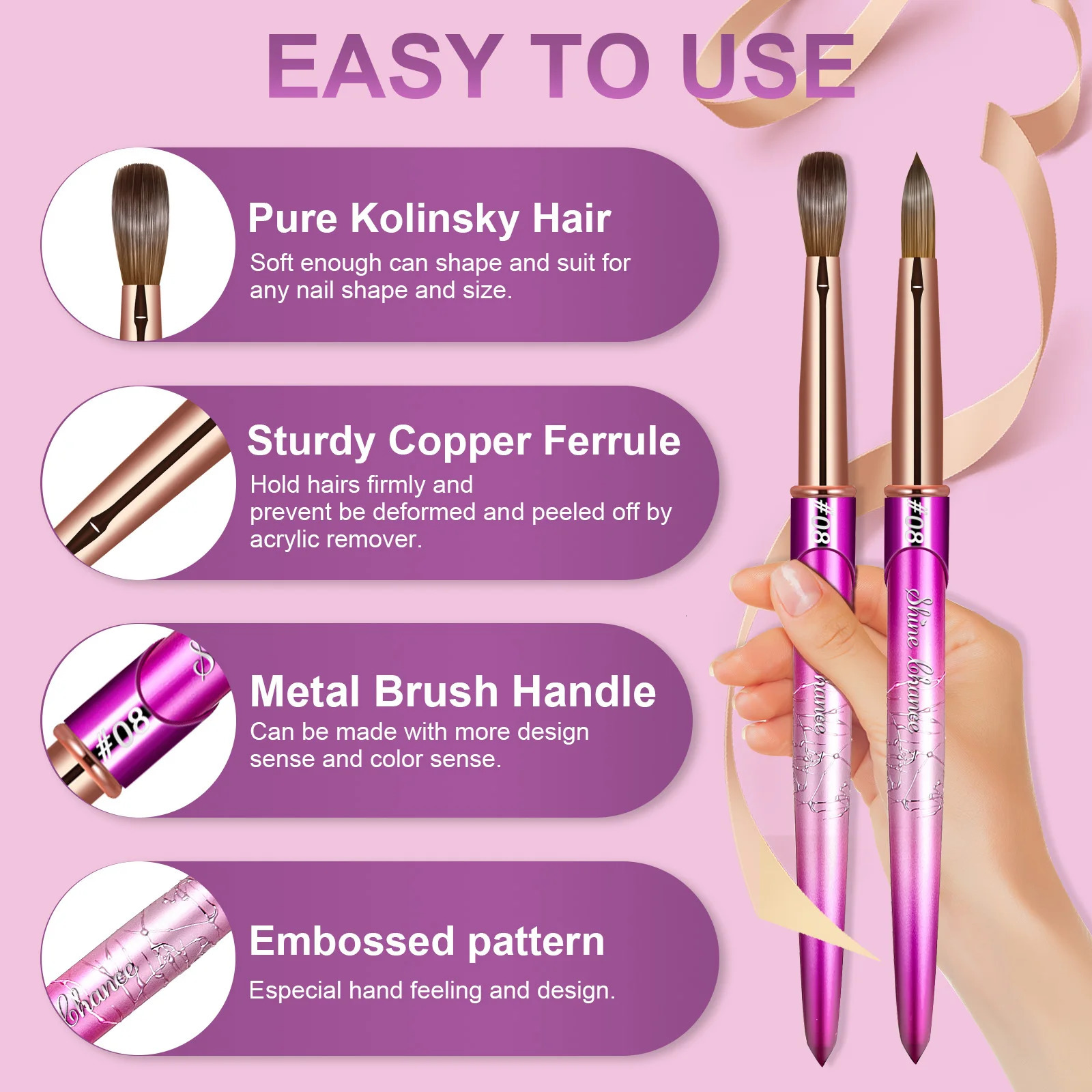 Kolinsky Acrylic Nail Art Brush Wood Handle Nail Art Mink Brush Gel Builder Nail Tools Manicure Brush Drawing Tools Size 2-14 250304