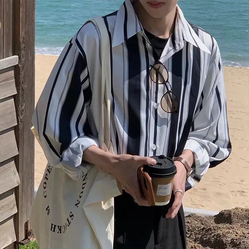 Green Striped Shirt Men Long-sleeved Trendy Handsome Printed Cardigan Without Ironing Loose Spring and Autumn Jacket 250227