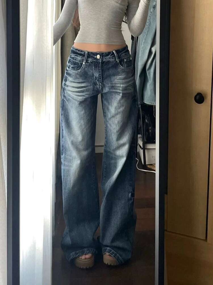 Zoki Streetwear Y2k Jeans Women Loose Mid Waist Casual Denim Pants Vintage American Haruku Lady All Match Trousers Spring New