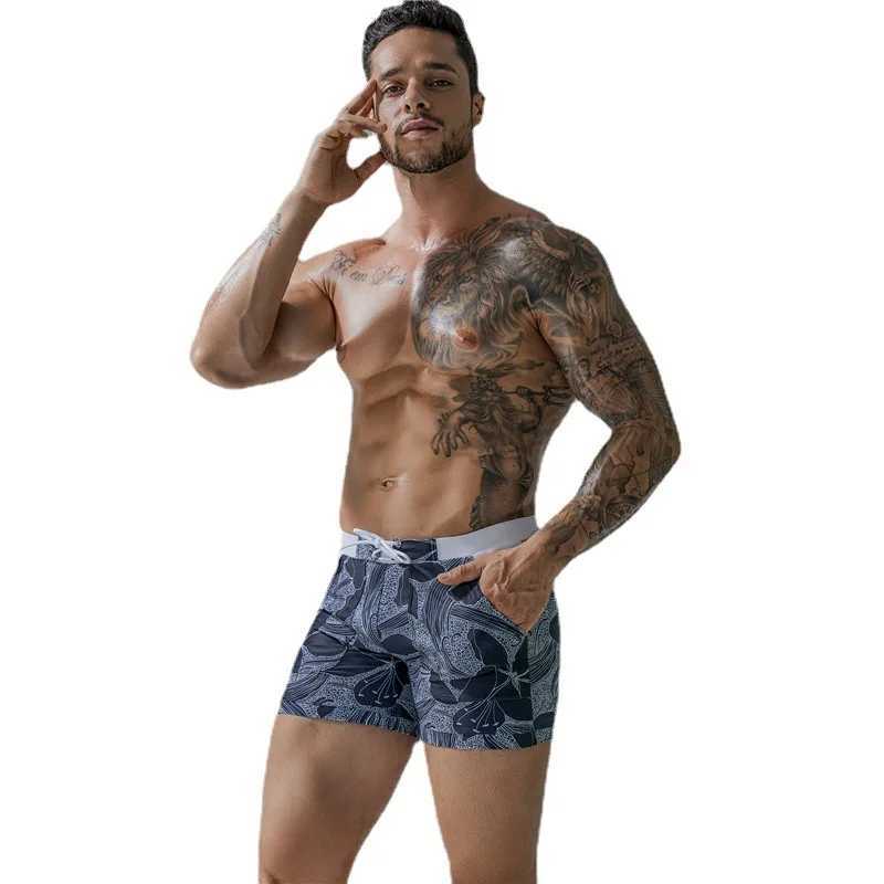 Summer Mens Beach Swimming Trunks Drawstring Elastic Waist Swimsuit Shorts Man Plus Size Quick Drying Swimwear ShortsT250304