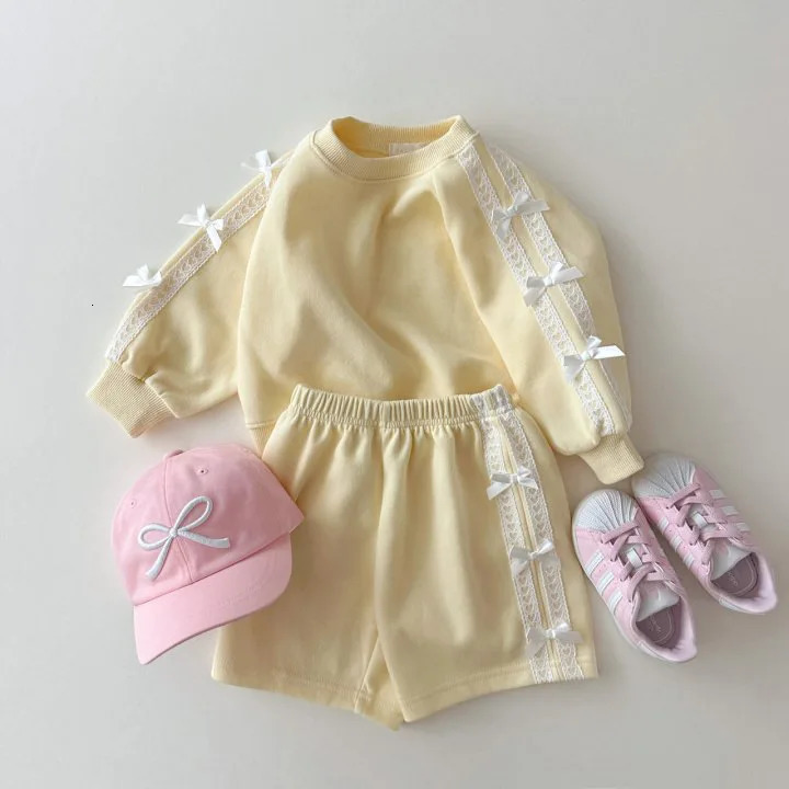 Autumn Children Long Sleeve Clothes Set Girls Lace Bow Sweet Princess Suit Cotton Kids Solid Casual Shorts Outfits 250304