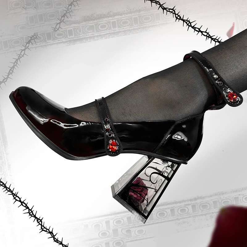 Punk Gothic High Heels Pumps Woman Ankle Straps Black Mary Jane Women 2025 New Rose Heeled Patent Leather Lolita Shoes