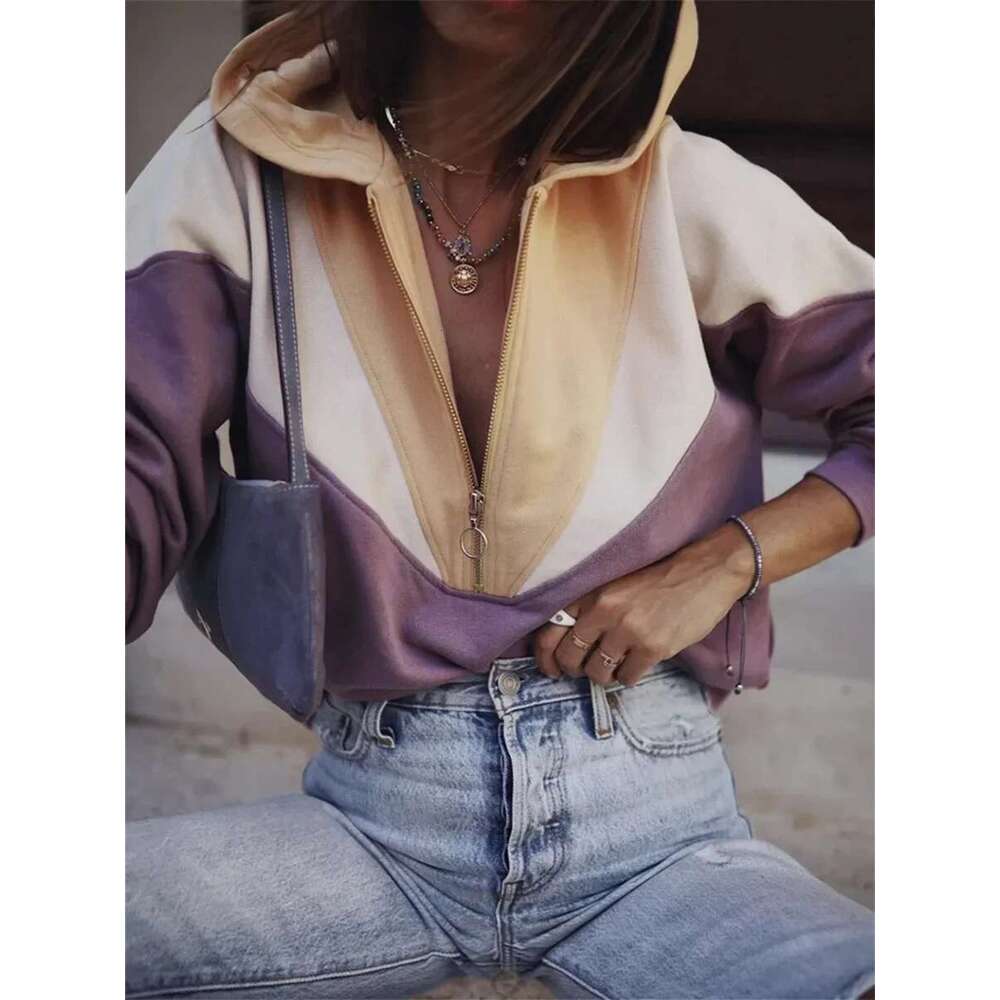 Women's Color Patchwork Hooded Sweatshirt Preppy Style Top Casual Long Sleeve Female Half Zipper Pullover Hoodies