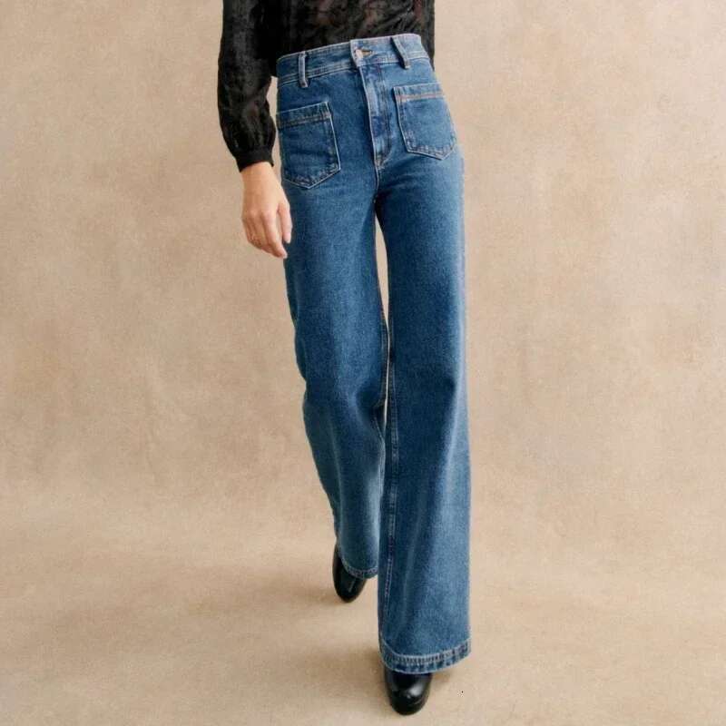 Retro Double Pocket Washed Dark Blue Jeans Women High Waist Slim Wide Leg Pants