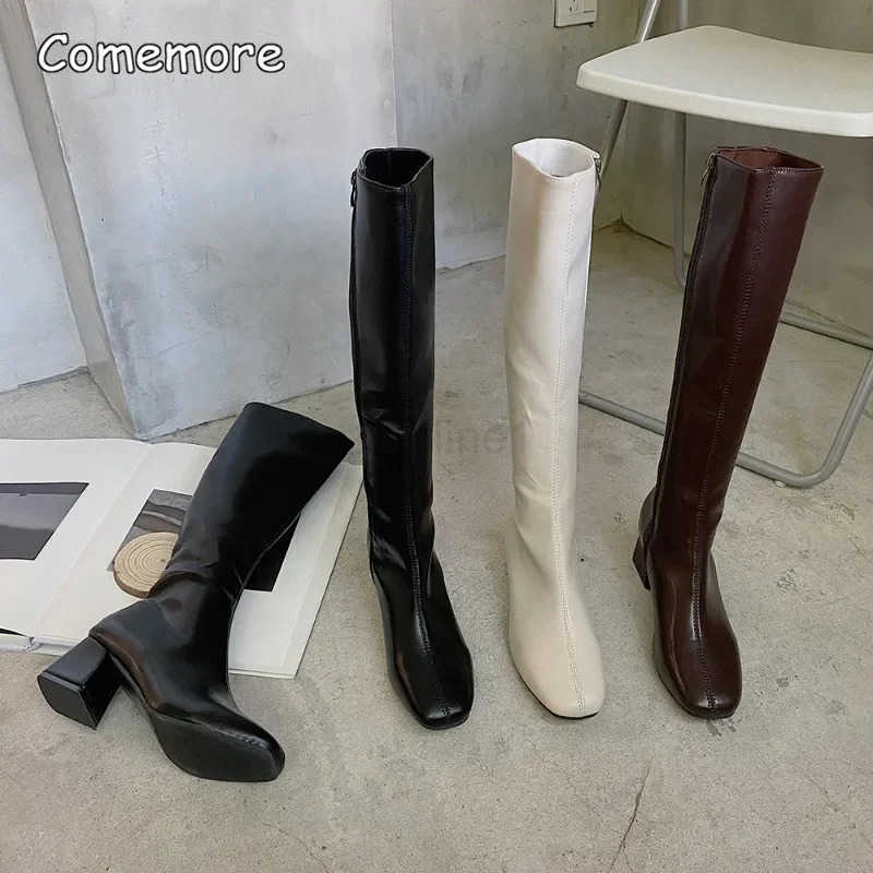 Cemore Wan Knee High Booties Ladies Shoes Platform Thick Heel Leather Zip Wan Fion Autumn Winter 2024 Wen Long Boots Z250304