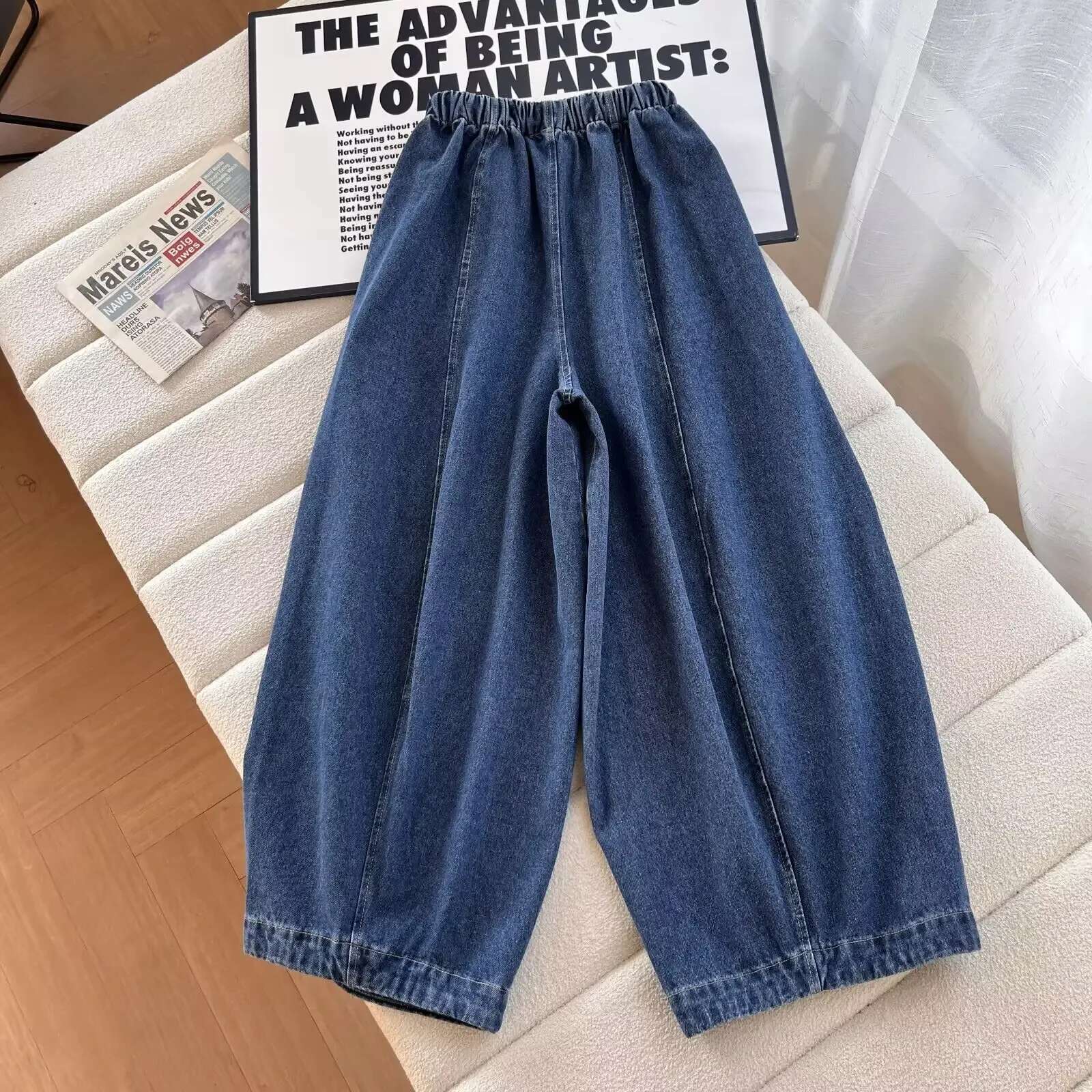 Women's New Fashion Version Loose Side Pocket Casual Pleated Jeans Retro Elastic Waist Drawstring Denim Pants Yaki