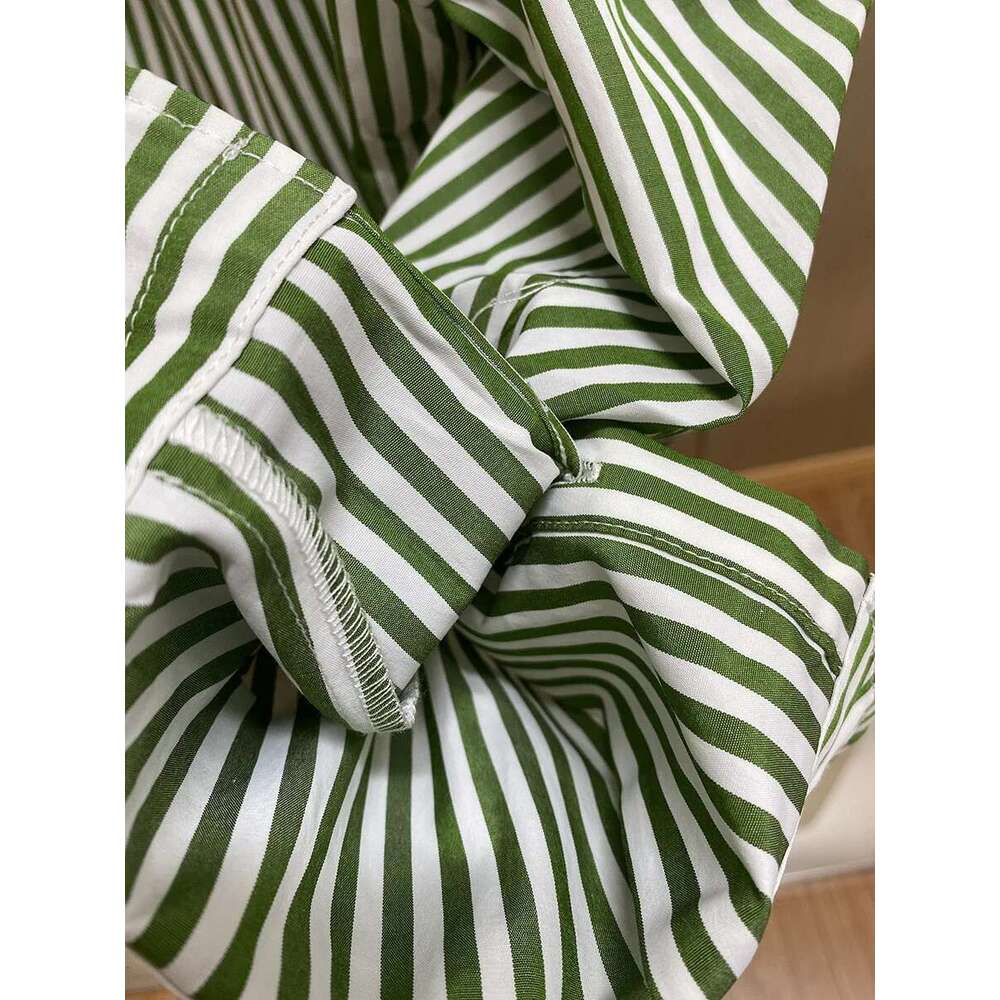 Women's Green Stripes Shirt Embroidery Butterfly Letter Turn-Down Collar Cotton Top 2025 Autumn Female Single Breasted Blouse