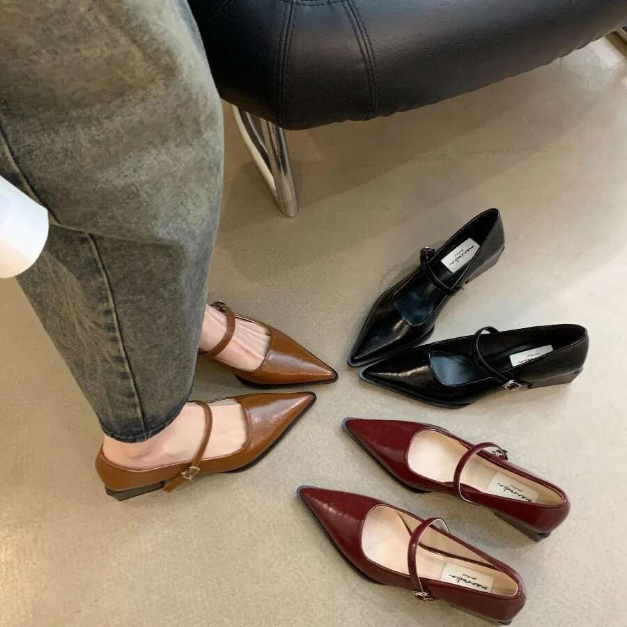 Women's Retro Style Thick Heel Women Mary Jane Shoes Fashion Shallow Pointed Toe Ladies Comfort Office Pumps Footwear