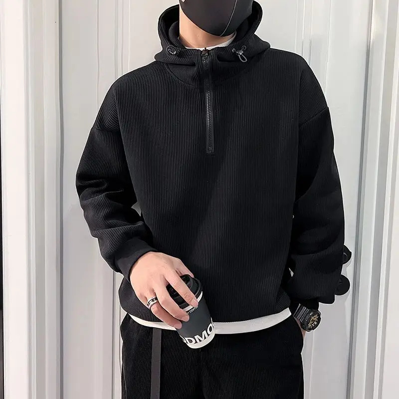 Mens Trendy Simple Casual Half Zipper Hooded Sweatshirt Autumn Winter Black Gray Long Sleeve Loose Pullover Hoodie Clothing 250304