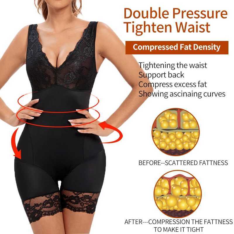 Womens Full Body Shapewear Sexy V Neck Bodysuit Slimming Belly Lace Patchwork Underwear Waist Trainer Modeling Strap CorsetXJ250304