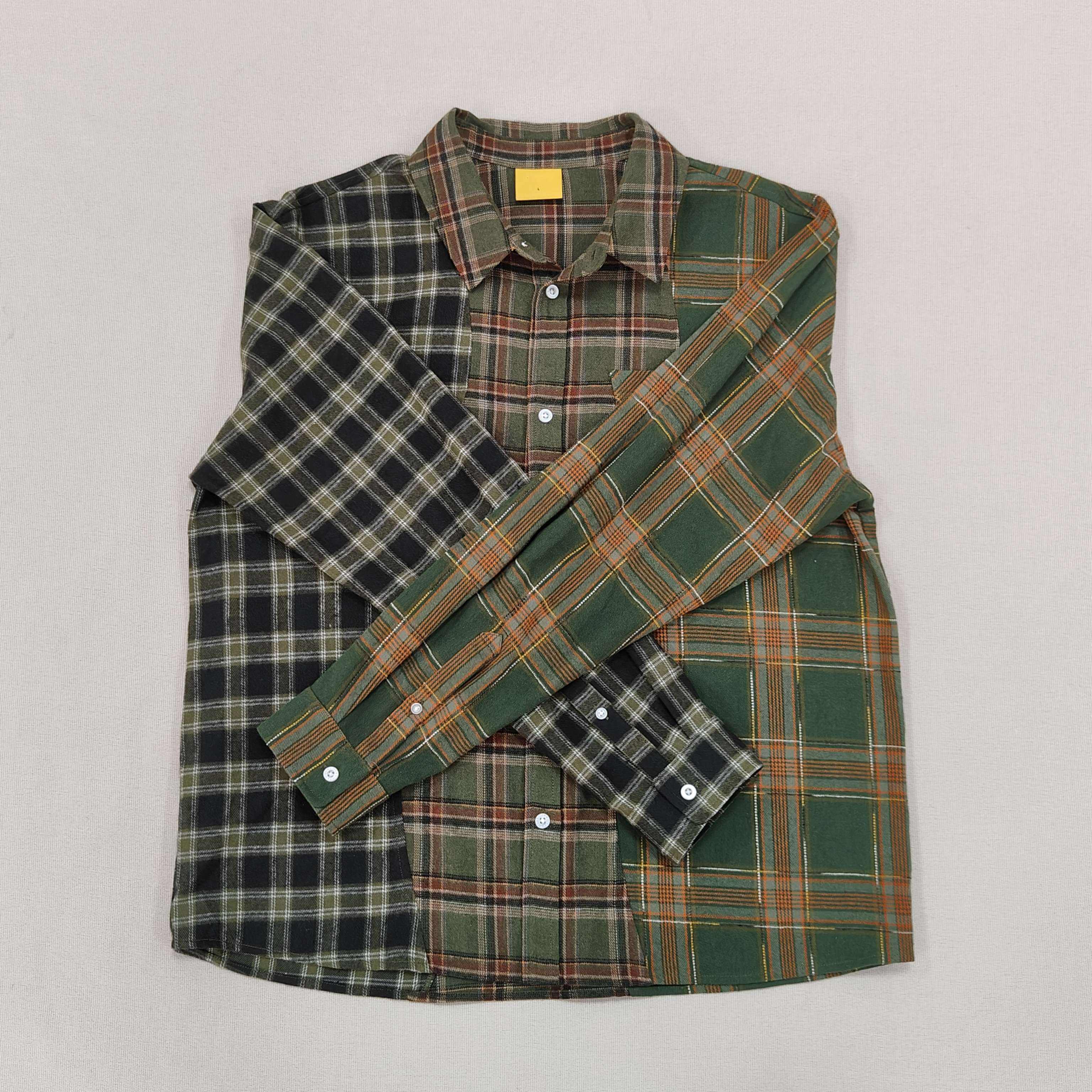 Men's Green Triple Plaid Shirt Cotton flannel shirt Button closure Logo embroidered at patch pocket Unisex Street Wear