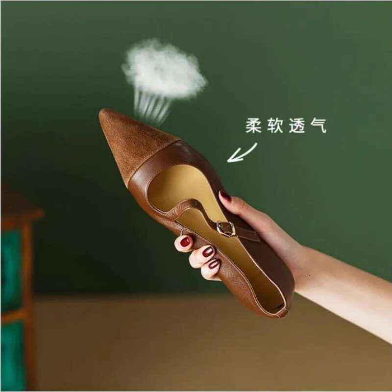 Retro pointed single women's splicing design light mouth versatile brown ladyshoes French one-word buckle with flat shoes