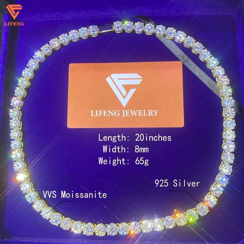 Fashion Design Fine Jewelry Necklace White Gold Plated High Quality 8Mm Round Shape VVS Moissanite Tennis Chain For Women