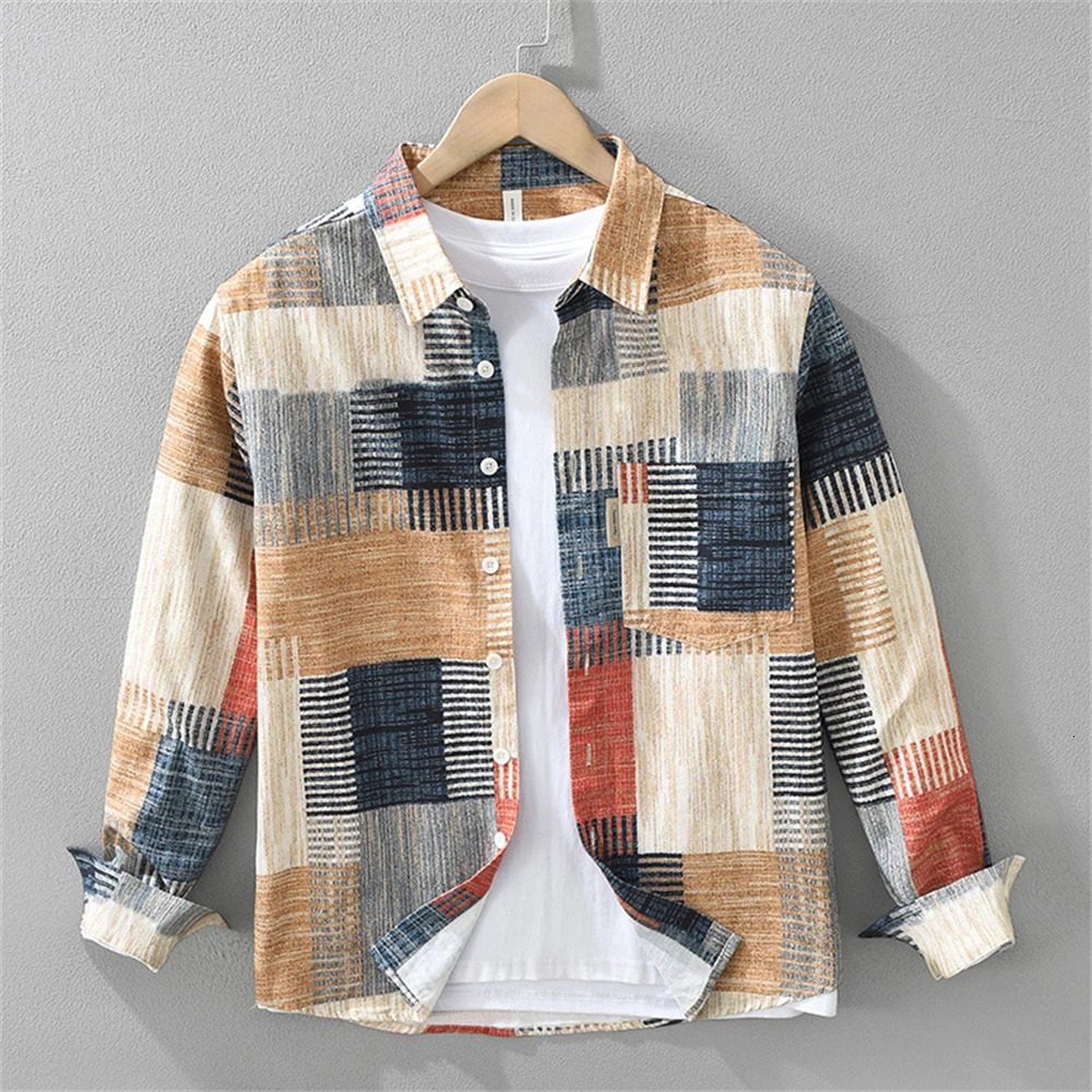 Spring Japanese Style Casual mens Long Sleeve Shirts printed mens clothing Cotton Blouse Loose Fit Tops Daily Wear for man 250227
