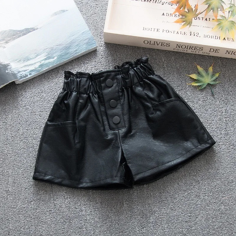 100-160cm Spring and Autumn Girls Fashion Pu Leather Shorts Baby and Childrens Clothing 250304