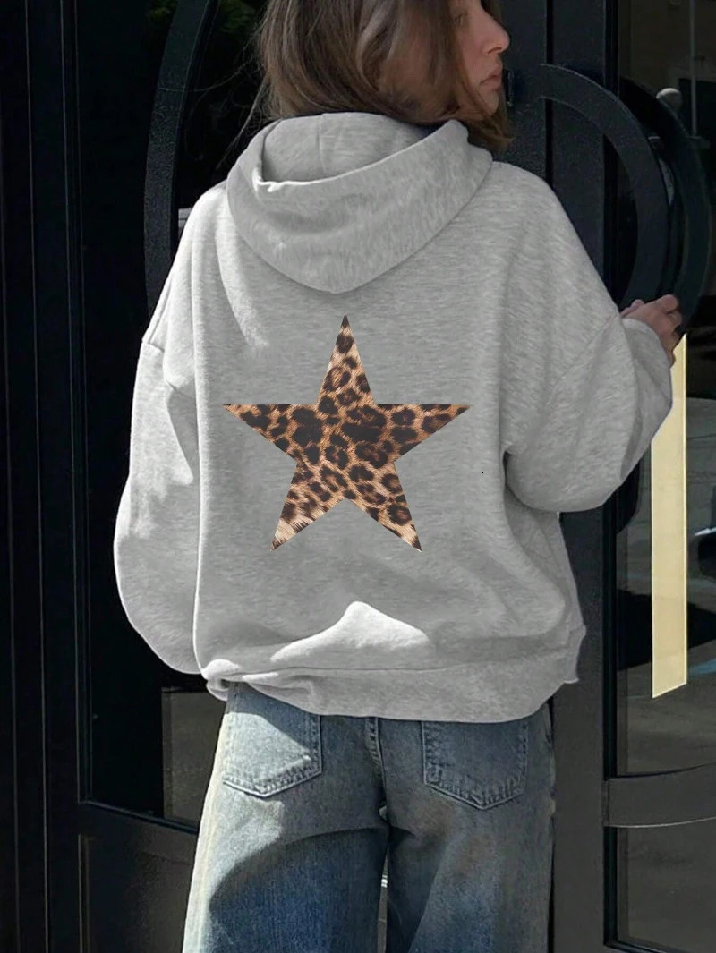 Casual Womans Hoodies Leopard Pentagram Pattern Printing Pullovers Loose Pocket Warm Fleece Sweatshirts Autumn Female Clothing 250304