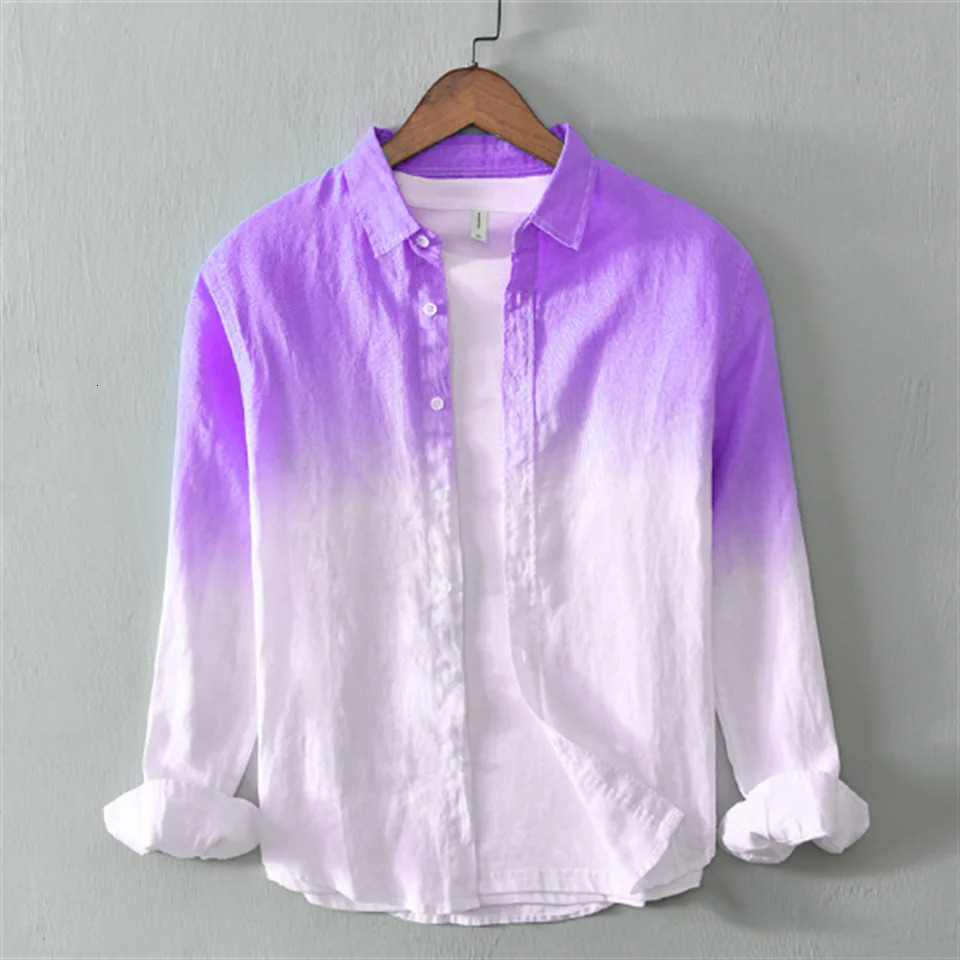 Mens linen casual comfortable long sleeved shirt fashion gradient trend mens oversized 250227