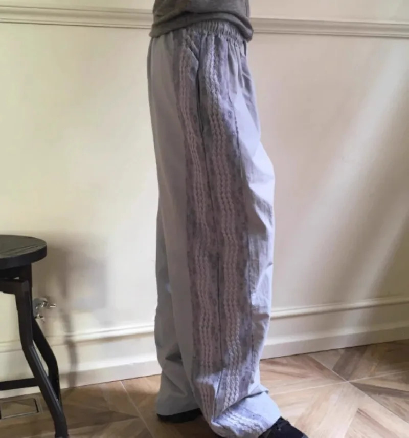 Fashion Vintage Lace Patchwork Nylon Wide Leg Pants 2025 Summer Loose Y2k E- High Waist Straight Trousers 250303