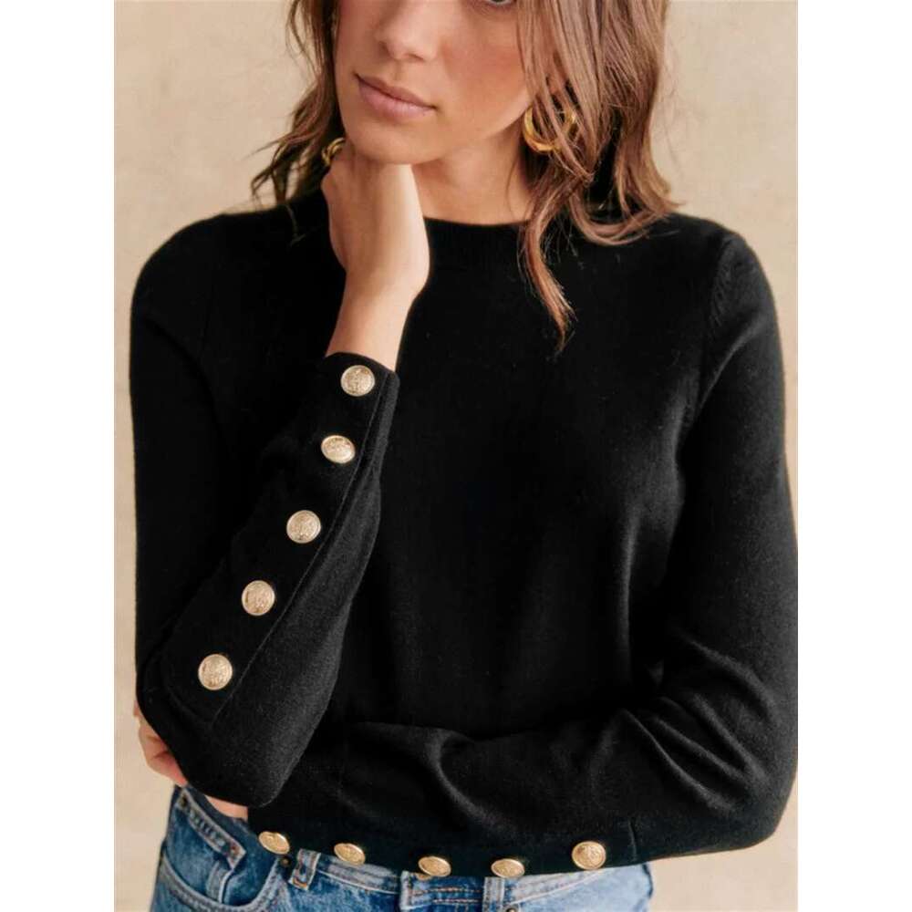Slim Knit Bottoming Sweater Women Solid Color Cuffs Buttons O-Neck Long Sleeve Female All-Match Pullover